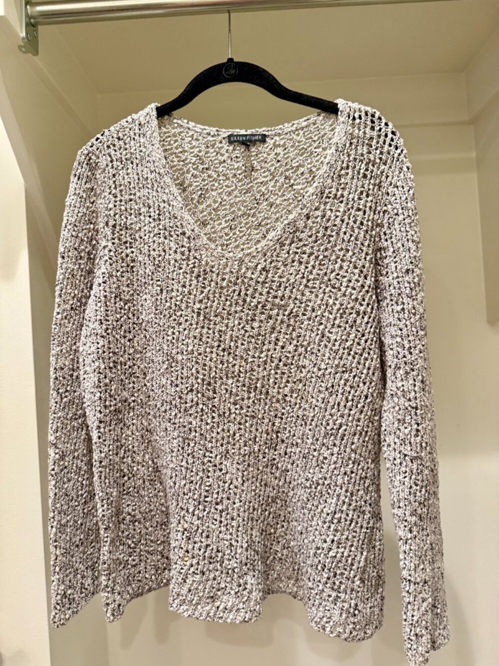 EILEEN FISHER Marled White Gray Open Knit V-Neck Sweater, Size XL (runs small)
